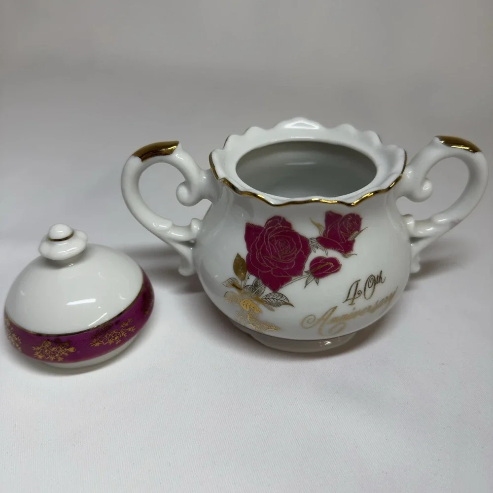 Vintage Nasco 40th Anniversary Fine China Tea Set 3pc White Gold Red Roses Japan
